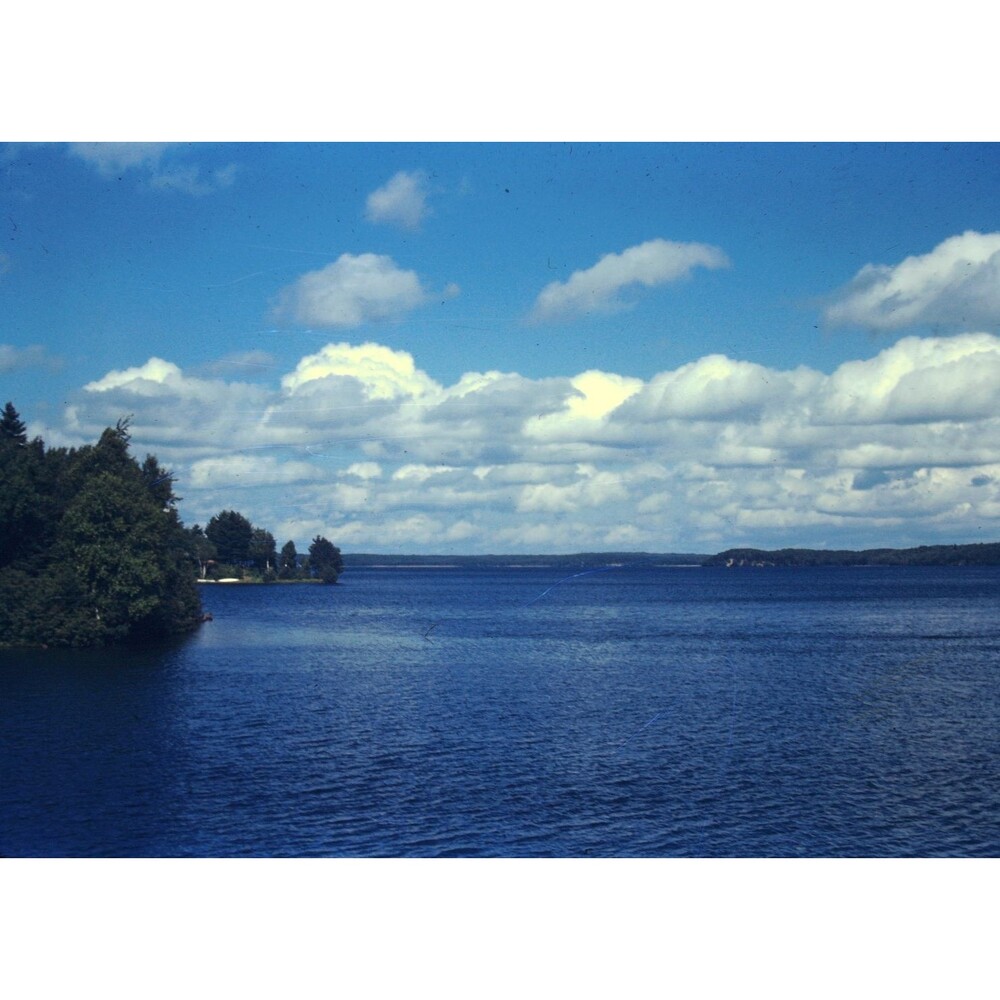Kodak Slide 35mm 1940s Red Border, panoramic look across a sprawling lake system